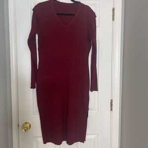 Fashion Elegant Ribbed Burgundy V-Neck Dress